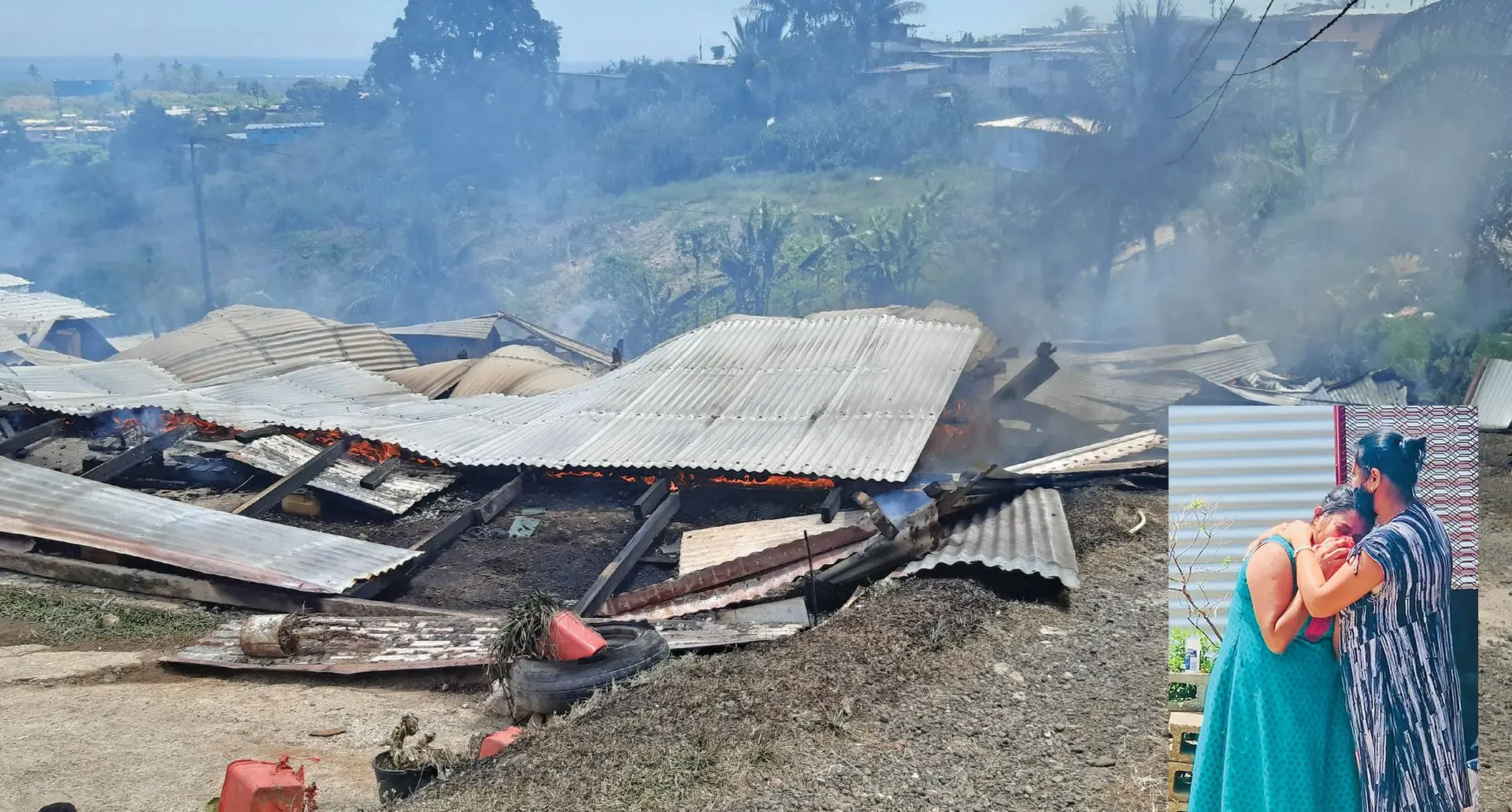 Charred remains of five homes which were fully engulfed in a morning fire in Sakoca, Tamavua leaving 20 people homeless on October 31, 2021. Photo: Shalveen Chand 