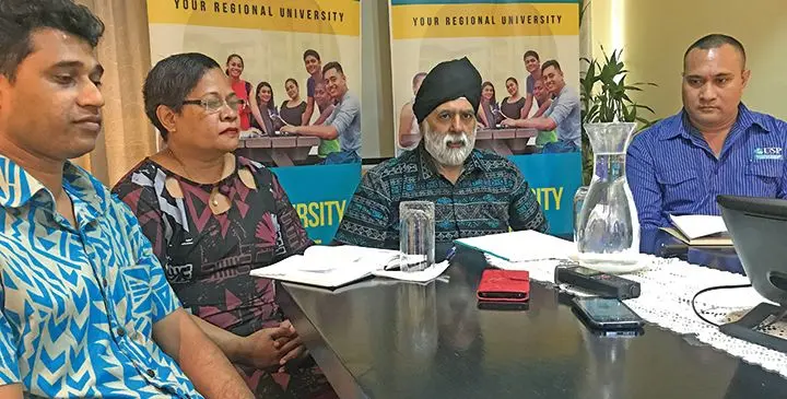From left: University of the South Pacific Human Resources Officer-in-charge Ravinesh Shankar, USP Staff Union President Tarisi Vacala, Vice Chancellor Professor Pal Ahluwalia and USPSA general secretary Iliami Finiasi during the announcement at the Laucala Campus on August 2, 2019. Photo: Neelam Prasad