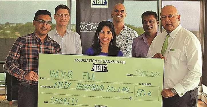 From left: WOW Kids Fiji’s vice chair, Vilash Chand; Bred Bank of Fiji CEO, Thierry Charras-Gillot; Bank of Baroda chief executive, Lekshmy Anand; ANZ Fiji Country Head, Rabih Yazbek; HFC Bank CEO, Rakesh Ram; and BSP Fiji Country Head and ABIF chairman, Haroon Ali. Photo: ABIF