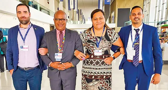Team Fiji representatives at COP28 (from left): Fiji’s Climate Change consultant Daniel Lund, chief negotiator Amena Yauveli, National Disaster Management Office director Vasiti Soko and Permanent Secretary for Environment and incoming Climate Change negotiator Sivendra Michael. Photo: DEPTFO News