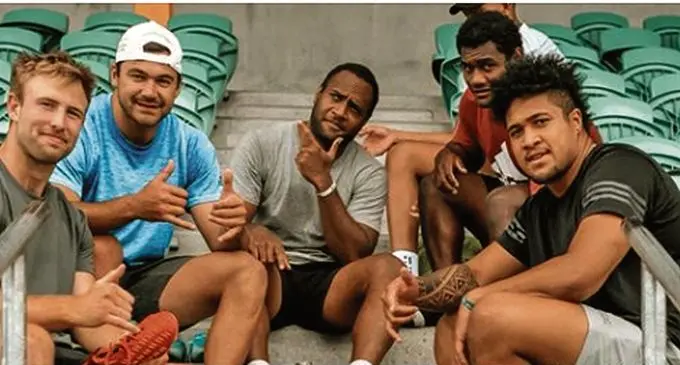 Timoci Tavatavanawai (fourth from left) with Manasa Mataele (third from left) during a training break with the Crusaders on January 19, 2021. Photo: Crusaders