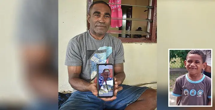 Semisi Naceva holding the picture of his late son (inset), Voniani Adam Qoro at Namotomoto Village in Nadi. Photo: Mereleki Nai