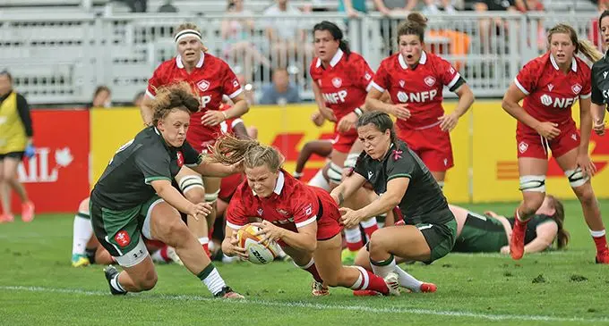 Canada’s Maddy Grant dives over to score against Wales during their clash at Wanderers Ground in Halifax on August 28, 2022. Photo: Rugby Canada