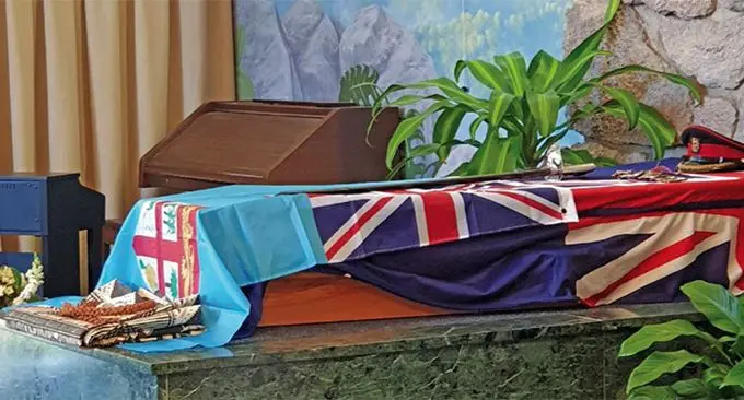 The casket of the late Brigadier-General (Ret’d) Ian Thorpe draped with the Fijian and New Zealand flags, signifying that these were the countries he served. Photo: RFMF Media Cell