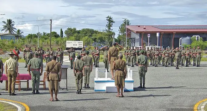 A guard of honour at the handover of command from the Directorate Peace Support Operations (DPSO) headquarters deployable force to the Joint Task Force Command (JTFC) at the Blackrock Training Facility in Nadi on April 19, 2022.  Photo: Republic of Fiji Military Forces