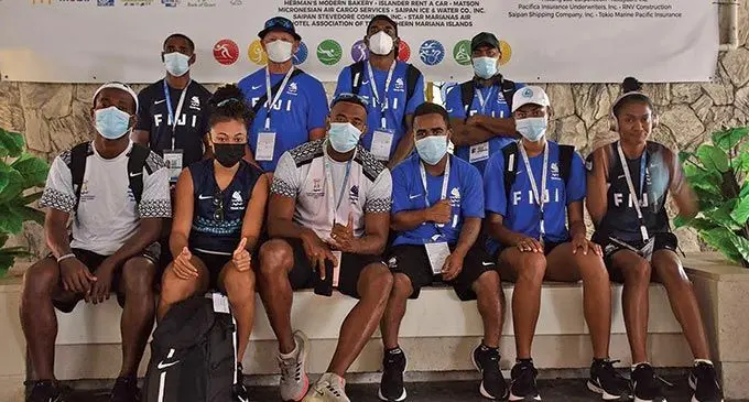 Team Fiji athletics squad with coach Albert Miller (back, second from left) at the Grandvrio Resort in Saipan for their birefing session on June 20, 2022. The competition started yesterday. Photo: FASANOC