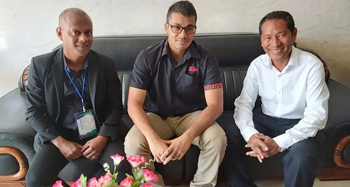 From left: Timor-Leste Ministry of Foreign Affairs and Co-operation media official Gregório Jong da Maia, Fiji Sun deputy managing editor Sheldon Chanel and Timor-Leste embassy political counsellor Domingos Savio at the Beach Garden Hotel in Dili, Timor Leste. 