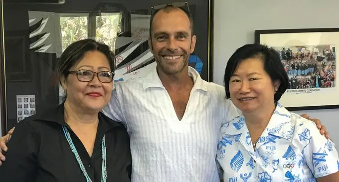From left; Gymnastics Fiji Federation president Darlene Underwood, head coach Robert Yeal and FASANOC chief executive Lorraine Mar in Suva on February 22,2018. Photo: Anasilini Ratuva