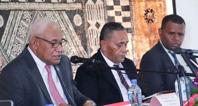 Permanent Secretary for the Ministry of iTaukei Affairs Ratu Meleti Bainimarama (left), speaking at the Cakaudrove Provincial Council meeting on November 27, 2019 in Yaroi, Savusavu.  Photo:  Ministry of iTaukei Affairs