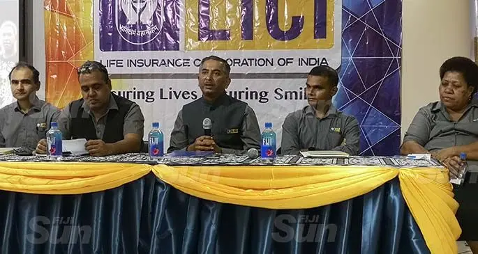 From left: Life Insurance Corporation of India (LICI) manager underwriting Gautam Kumar, manager of finance, investment and human resources Fiji operations Sanjeev Garg, general manager YS Ashok, IT manager for information system and network KB Sarath and assistant manager administration Taina Talakubo during the bonus payout announcement on July 14, 2020. Photo: Laiseana Nasiga