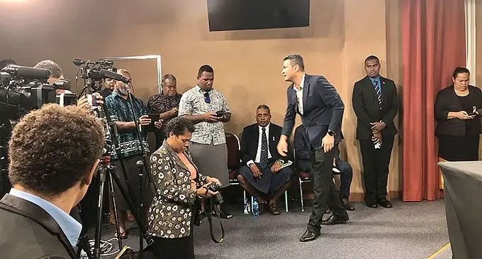 The media team, Government officials and The People’s Alliance support team before Prime Minister Sitiveni Rabuka’s press conference at the Office of the Prime Minister in Suva on January 10, 2023. Fiji Sun photo journalist, Leon Lord, was the only one from the media company allowed entrance during the address. It was only after our journalists questioned the PM’s media team that the rest of our team gained access. Photo: Leon Lord