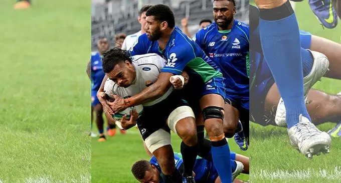 Swire Shipping Fijian Drua captain and blindside flanker Meli Derenalagi tackles Moana Pasifika’s Solomon Funaki during their Super Rugby Pacific clash at the CommBank Stadium in Sydney, Australia, on May 14, 2022. Drua won 34-19. Photo: AFP