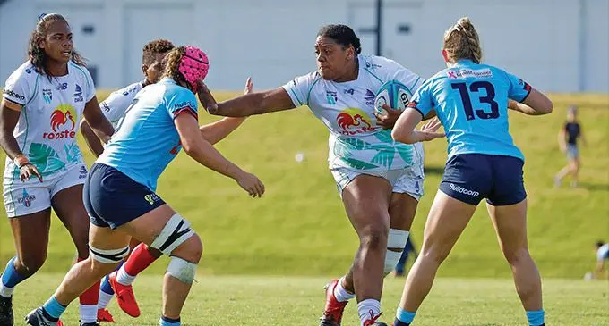 The Rooster Chicken Fijiana Drua prop Ana Korovata on the burst against the Waratahs last week. Korovata and her team mates will need to step up their game against the Force on Sunday. Photo: FRU Media