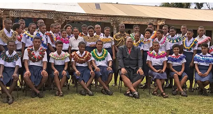 President Ratu Wiliame Maivalili Katonivere (right) with newly inducted prefects of Bua Central College after their induction on May 17, 2022. Photo: Shratika Naidu