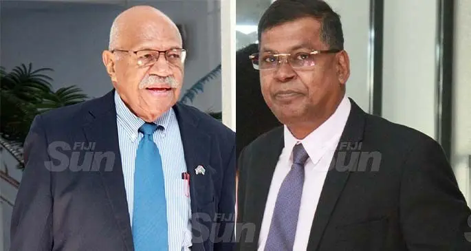 SODELPA member and Opposition Leader Sitiveni Rabuka (left) and NFP’s Opposition member Biman Prasad outside Parliament on July 29, 2020. Photos: Kelera Sovasiga