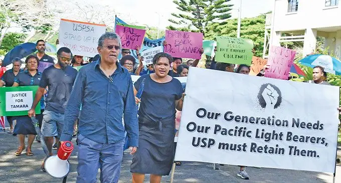 University of the South Pacific staff supported by some students during the strike at Laucala campus on October 18, 2024. Photo: Ronald Kumar