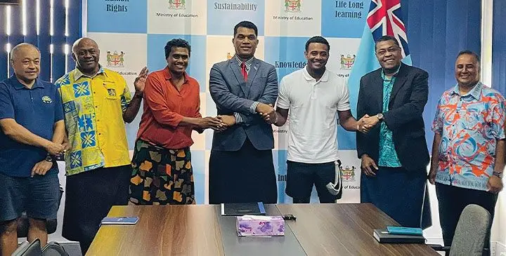 From left: Selwyn Williams, Jone Delai, Makelesi Bulikiobo, Minister for Education Aseri Radrodro, Banuve Tabakaucoro, Ministry of Health permanent secretary Dr Jemesa Tudravu and Land Transport Authority Education and Awareness team leader Gerald Nathan in Suva on April 22, 2025. Photo: Rariqi Turner