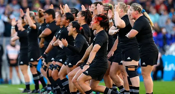 New Zealand perform the haka ahead of the Rugby World Cup 2021 semifinal match against France at Eden Park in Auckland, New Zealand on November 5, 2022, . Photo: Hannah Peters /World Rugby