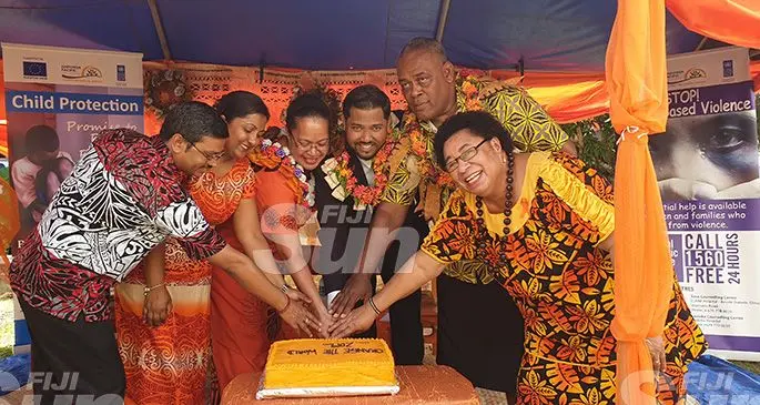 From left: Empower Pacific clinical psychologist, Dr Ravindra Prajapati, Shobana Indal, Dr Raape Diege, lawyer John Prasad with Tevita Mau and Unaisi Lekenaua at the Soqosoqo Vakamarama car park in Labasa on December 10, 2019.