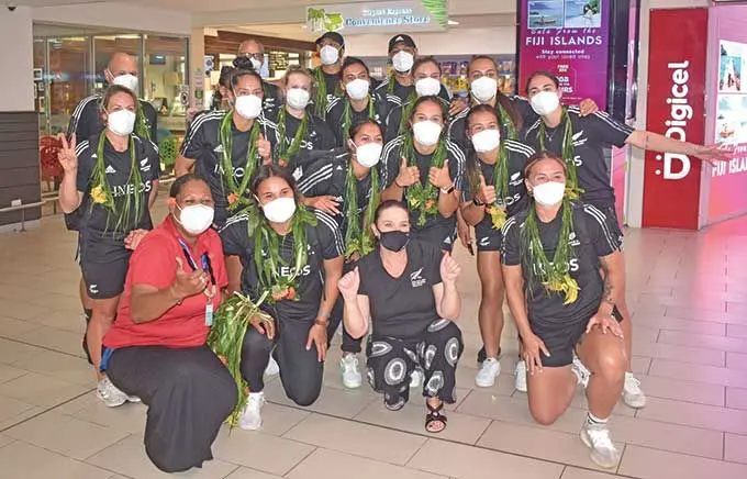 The New Zealand 7s women’s team at Nadi International Airport on March 5, 2022. Photo: Waisea Nasokia