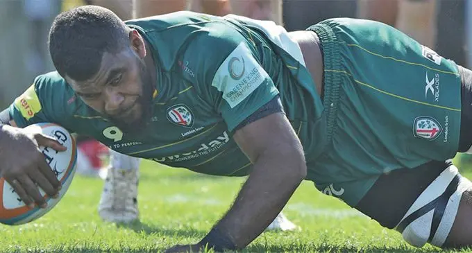 London Irish Exiles’ Fijian blindside flanker Albert Tuisue scores against Richmond in London on April 20, 2019. Photo: London Irish