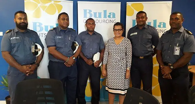 Bula Outsourcing chief executive officer and managing director Josie Prasad (fourth from left) with the Fiji Navy rugby league team officials at the Bula Outsourcing headquarters in Suva on April 19, 2022. Photo: Sereana Salalo