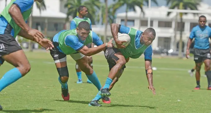Fijian 7s forward Meli Derenalagi nabs Alasio Naduva during training at Albert Park, Suva, on November 26, 2020. Photo: Ronald Kumar