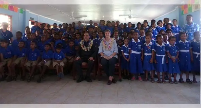 India’s Minister of State for Ministry of Human Resource Development and Ministry of Water Resources, River Development and Ganga Rejuvenation Satya Pal Singh and Permanent Secretary for Education, Heritage and Arts Alison Burchell with the students of Rabulu Sangam School in Tavua on February 23, 2018. Photo: Karalaini Tavi