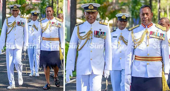 Former Commander of the Republic of Fiji Military Forces (RFMF) Rear-Admiral Viliame Naupoto with RFMF Commander Major-General Ro Jone Kalouniwai during the handover ceremony at the Queen Elizabeth Barracks in Nabua on May 2, 2022. Photo: Leon Lord