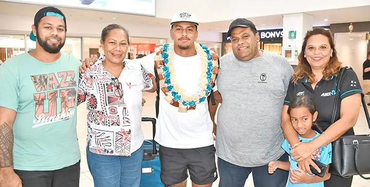 From left: Raphael Wye, Rosina Wye, Flying Fijians news half-back Samuel Wye, Frank Wye, Eileen Wye and young Hope Wye at Nadi International Airport on June 24, 2025. Photo: Waisea Nasokia