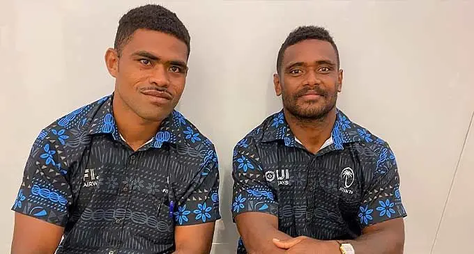 Bula Perth... Fiji Airways men’s rugby sevens reps Josese Batirerega (left) and Kaminieli Rasaku in Perth, Australia, on January 22, 2024.