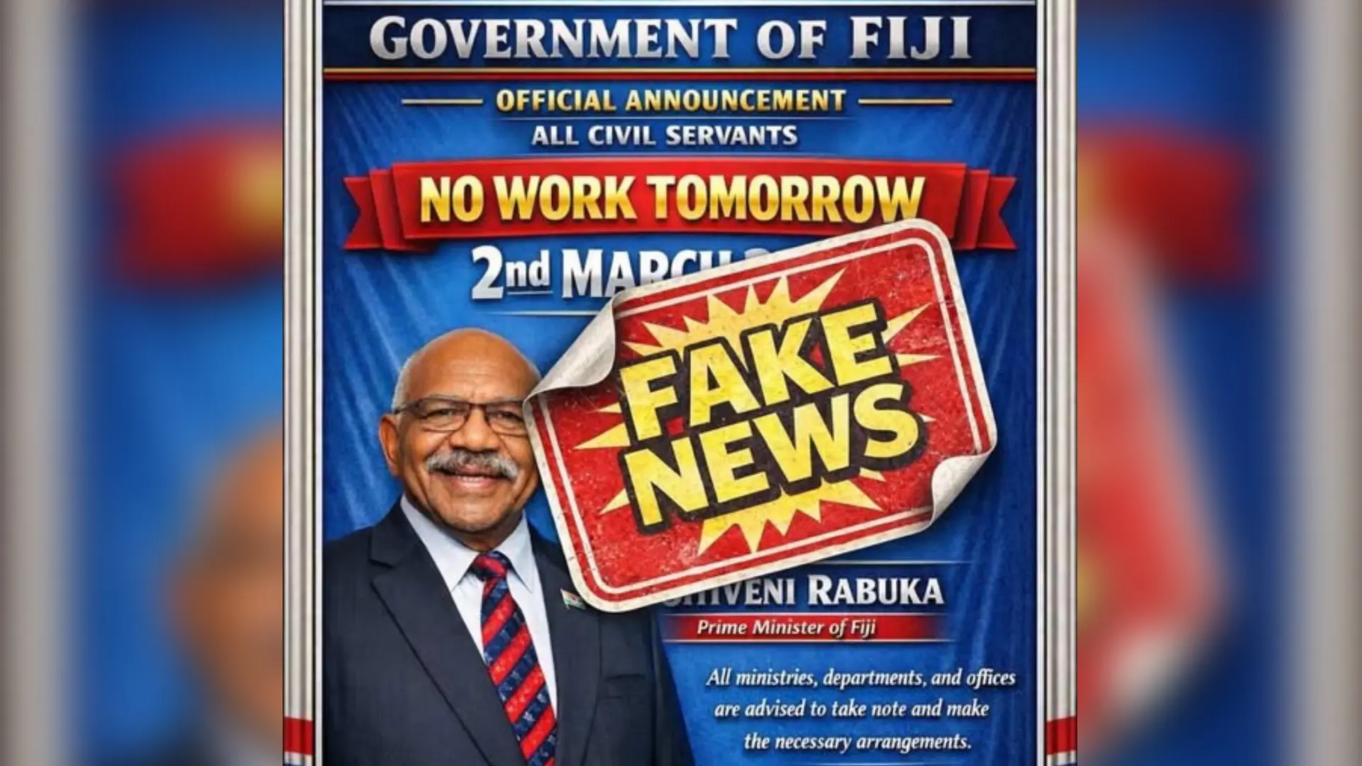 The graphic circulating on social media claiming “NO WORK TOMORROW – 2nd March” for all civil servants is FALSE.