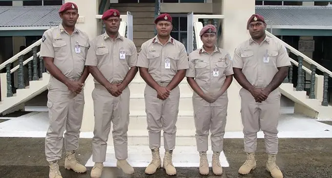 Fiji Corrections Service promoted officers (from left): Corrections Officer Class A Savenaca Naroba, Corrections Officer Class B Keni Naisevu, Temporary Principal Corrections Officers Samuela Tavite and Prabashni Ram and Corrections Officer Class A Iliesa Salusalu.