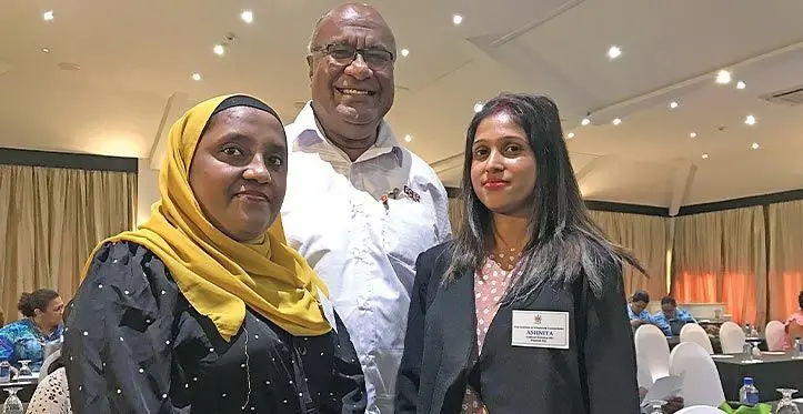 Minister for Trade, Manoa Kamikamica, with Fiji Sun’s accounting practitioners Nishaat Firdosh(left) and Ashnita Prakash, at the Fiji Institute of Chartered Accountants technical workshop, at Warwick Fiji, Coral Coast. Photo: Nacanieli Tuilevuka