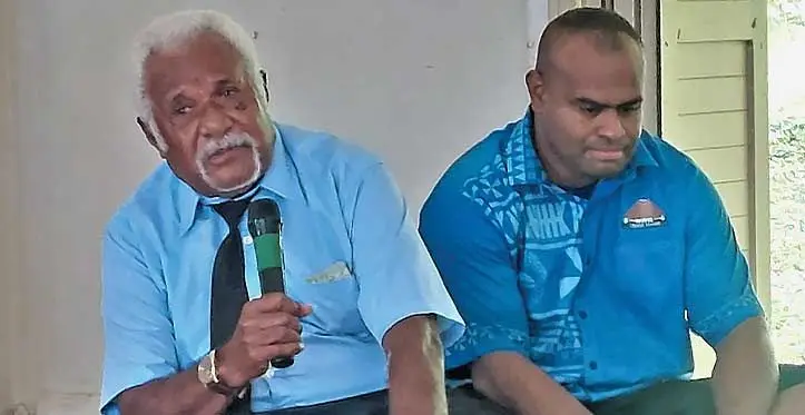 Ra Bosevanua chairman Osea Kasami (left), during the Great Council of Chiefs review consultation at the Dadamu Hall in Nanukuloa, Ra, on May 12, 2023. Photo: Salote Qalubau
