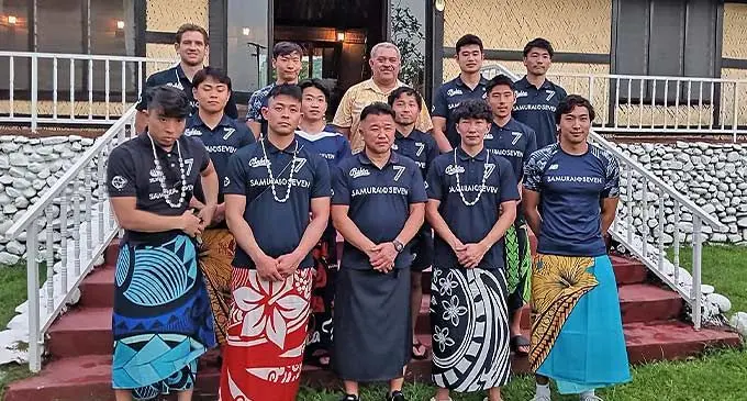 Samurai rugby club from Japan with the Tui Nawaka Ratu Joeli Naevo at Nawaka Village in Nadi on February 14, 2024. The club will play in the main competition of the two-day Fiji Bitter Nawaka Sevens tournament that starts today. Photo: Nawaka Rugby