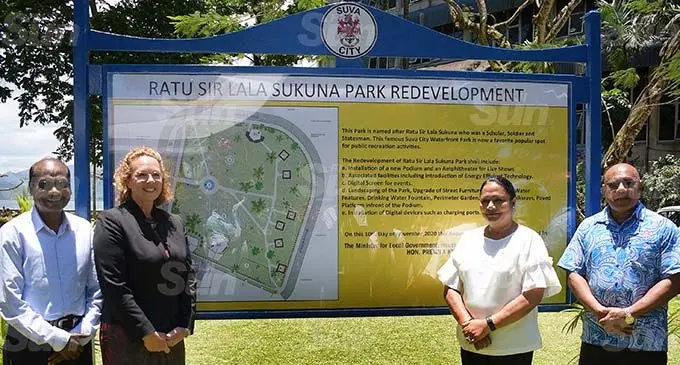 From left: Suva City Council Special Administrators Vimal Kumar and Kerry Mara, Minister for Local Government and Housing Premila Kumar and Special Administartor Chairman Isikeli Tikoduadua following the unveiling of the Ratu Sukuna Park re-development plan on November 10, 2020. Photo: Ronald Kumar