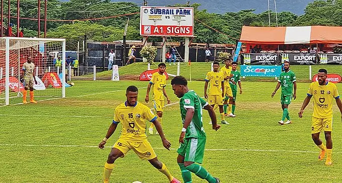Nadroga Upholstery Marine Nadroga football defender William Komasi defends against Calgary Nadi during their Digicel Fiji FACT tournament clash at Subrail Park, Labasa, on May 31, 2024. Photo: Sampras Anand