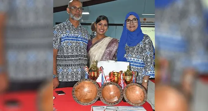 Dad, Mohammed Taiyas, Tarfeeha Nuzhat and Rozina Bibi with the awards. Photo: Waisea Nasokia
