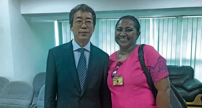 Chargé d’Affaires ad interim Tsuguyoshi Hada and Nasekula District School head teacher Sisilia Cokanauto at Japanese Embassy on March 12, 2018.  Photo: Nacanieli Tuilevuka.