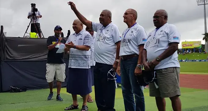llisoni Taoba raises his hand to acknowledge the crowd after receiving his Flying Fijians Test Cap at the HFC Bank Stadium, Suva, in 2018. Taoba represented the Flying Fijians 19 times. Photo: FRU Media