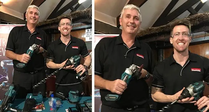 Russell Bael (left) and Nick Churchill a team from Makita Australia assisting  Vinod Patel staff during the Makita trade night show at the Friendly North Inn,  Labasa on August 11, 2022. Photo: Shratika Naidu