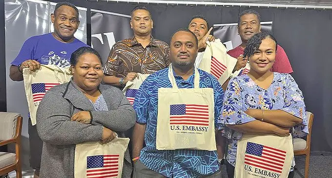 Fijian journalists covering the Festival of Pacific Arts and Culture in Hawai’i (from left): Wati Talebula of the Fiji Sun, Alipate Narawa of CFL/Fiji Village, Stella Morisio Taoi of Fiji TV, (back from left): Kate Talebula of the Fiji Times, leader of delegation and Fijian Media Association’s executive Reginald Chandar of Fiji Live, Josefa Kotobalavu of Mai TV and Sivaniolo Lumelume of FBC. Photo: Fijian Media Association