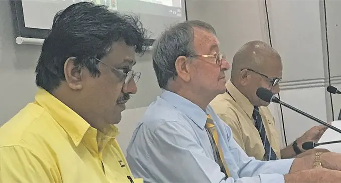 Fiiji National Sports Commission team from left; Manager Finance Shalendra Ram, Chairman Peter Mazey, and Manager Sports Development Joji Liga in Suva on April 25,2019. Photo: Anasilini Natoga
