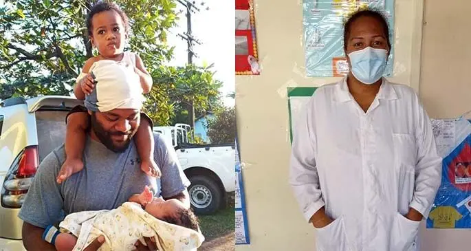 father on his end, Iokimi Lutua with his children, Iosefo and Elia. Lab technician and technician at the Lautoka Hospital, Kinisalote Lutua.