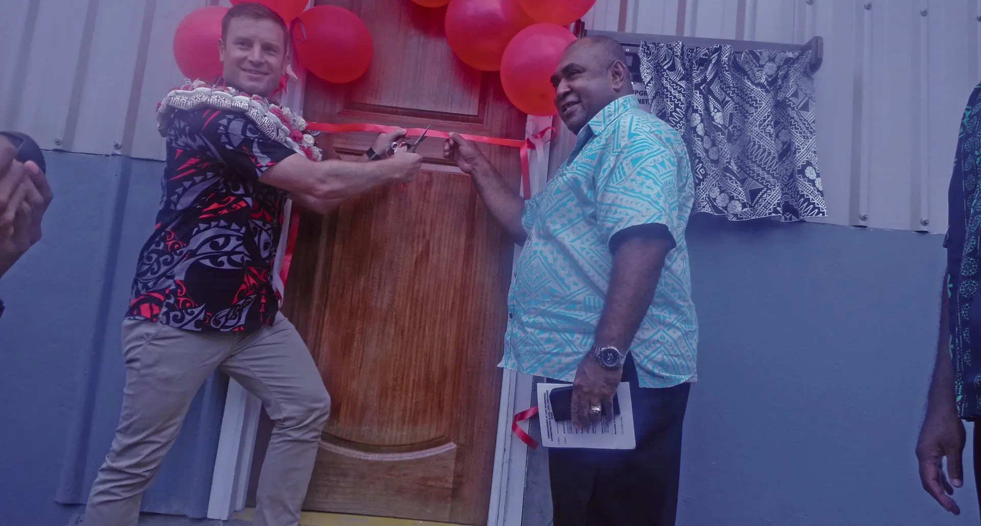 Jonathan Rowe, the counsellor development from the New Zealand High Commission in Fiji (left) and  Assistant Minister for Rural Maritime Development and National Disaster Management and Meteorological Service Joeli Cawaki, commissioning the new warehouse for the Commissioner Western’s Office in Lautoka on March 2, 2018. Photo: Karalaini Tav