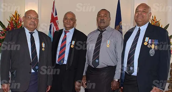 The four retired fire officers, (from left), Epeli Matata, Luke Qase, Paula Radrodro and Kaliova Turaga after receiving the 50th anniversary of Independence commemorative medal during the special investiture ceremony by President Major-General (Ret’d)Jioji Konrote at the State House on October 6, 2020. Photo: Ronald Kumar