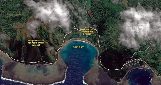 A map showing the proposed Sovi Blue Bay Resort site and residential property development.  