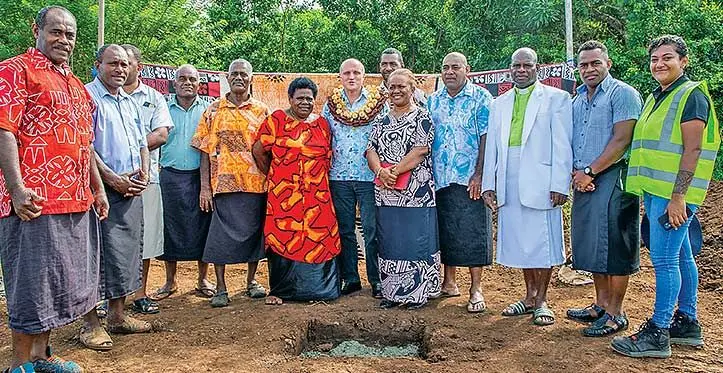 Australian High Commission Charge d'affaires, John Williams, (in garland) along with the invited guests during the ground breaking ceremony of a classroom and ablution at Dama District School in Bua on March 29, 2023.
