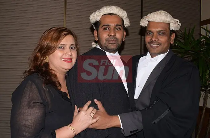 Akshay Chand (middle) with this parents, Shamima an Anil Chand following his Admission to the Bar by Acting Chief Justice Kamal Kumar at Grand Pacific Hotel on August 16, 2019. Photo: Ronald Kumar.